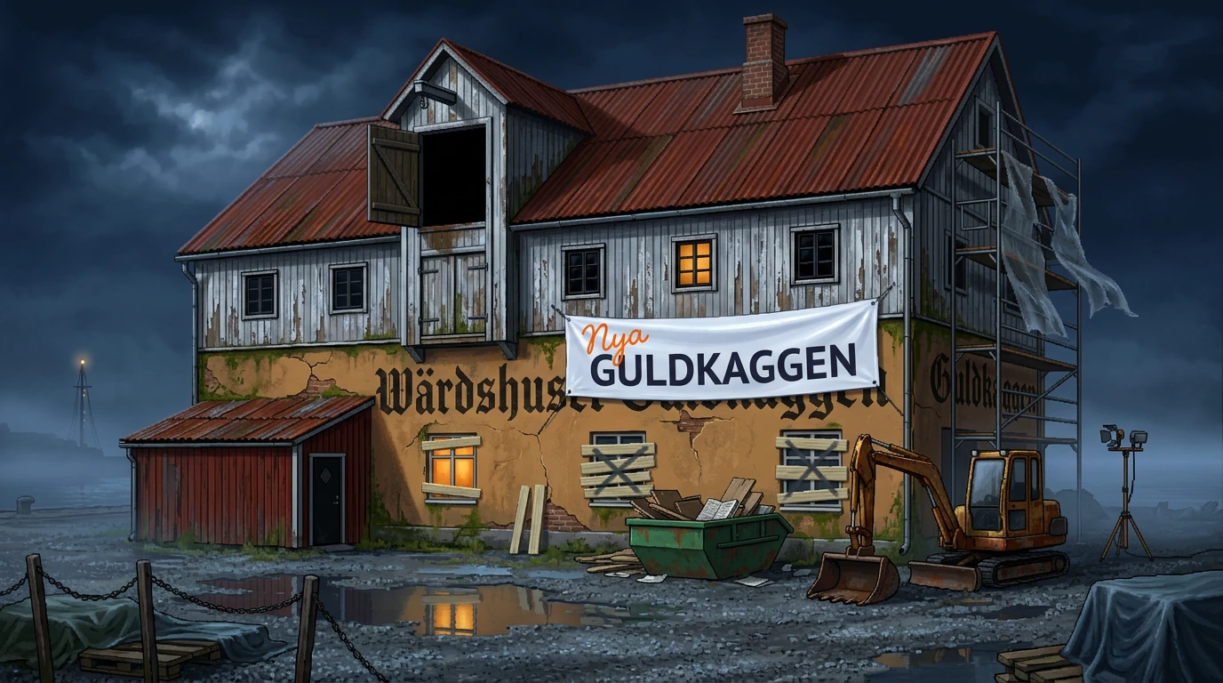 Det gamla värdshuset Guldkaggen under en mörk himmel
